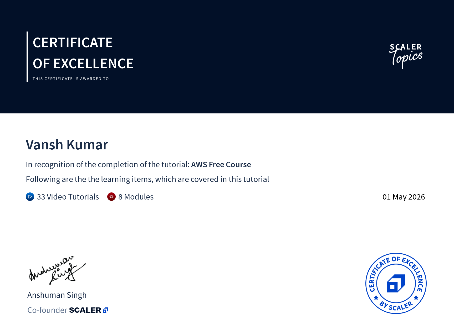 AWS Free Course â€” Scaler Topics Certificate